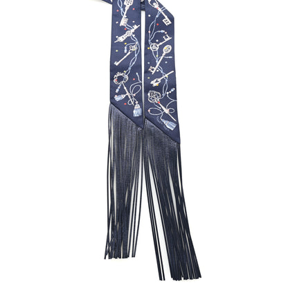 Hermes Silk Metallic Agneau Les Cles A Pois Fringed Twilly Bleu Marine Gris Argent Multicolor 2 of 4