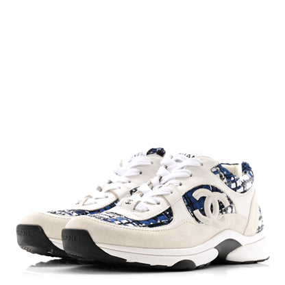 Chanel Tweed Suede Calfskin Womens CC Sneakers 38 Dark Blue Black Grey White 4 of 12