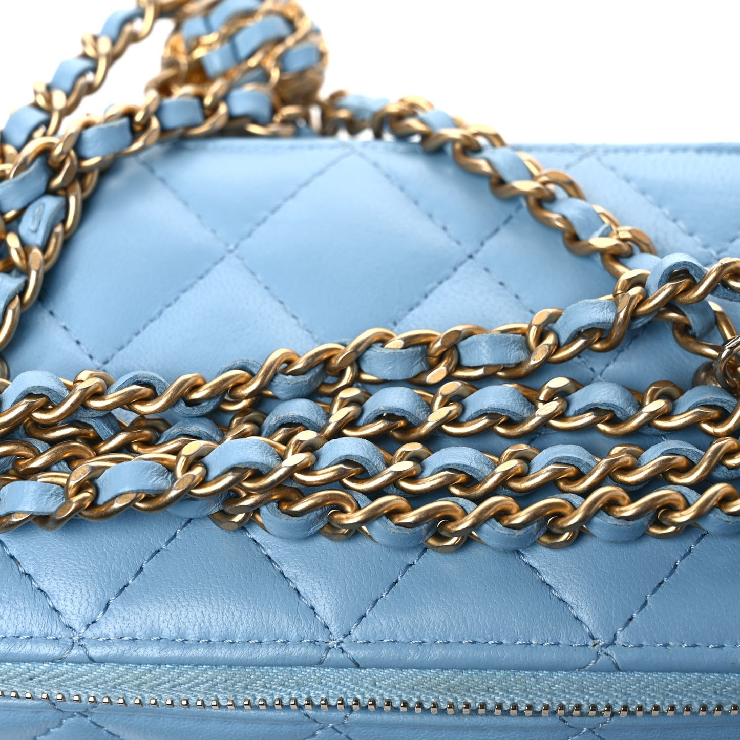 Lambskin Quilted Pearl Crush Small Vanity Case With Chain Light Blue