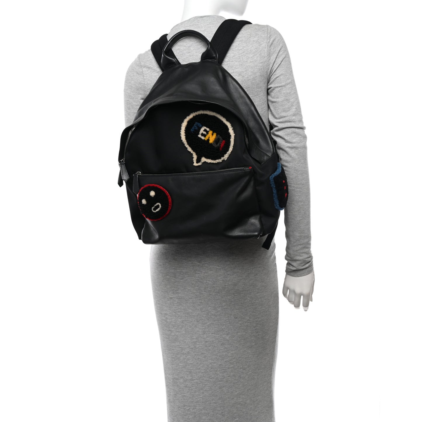 Nylon Calfskin Shearling Emoticon Backpack Black