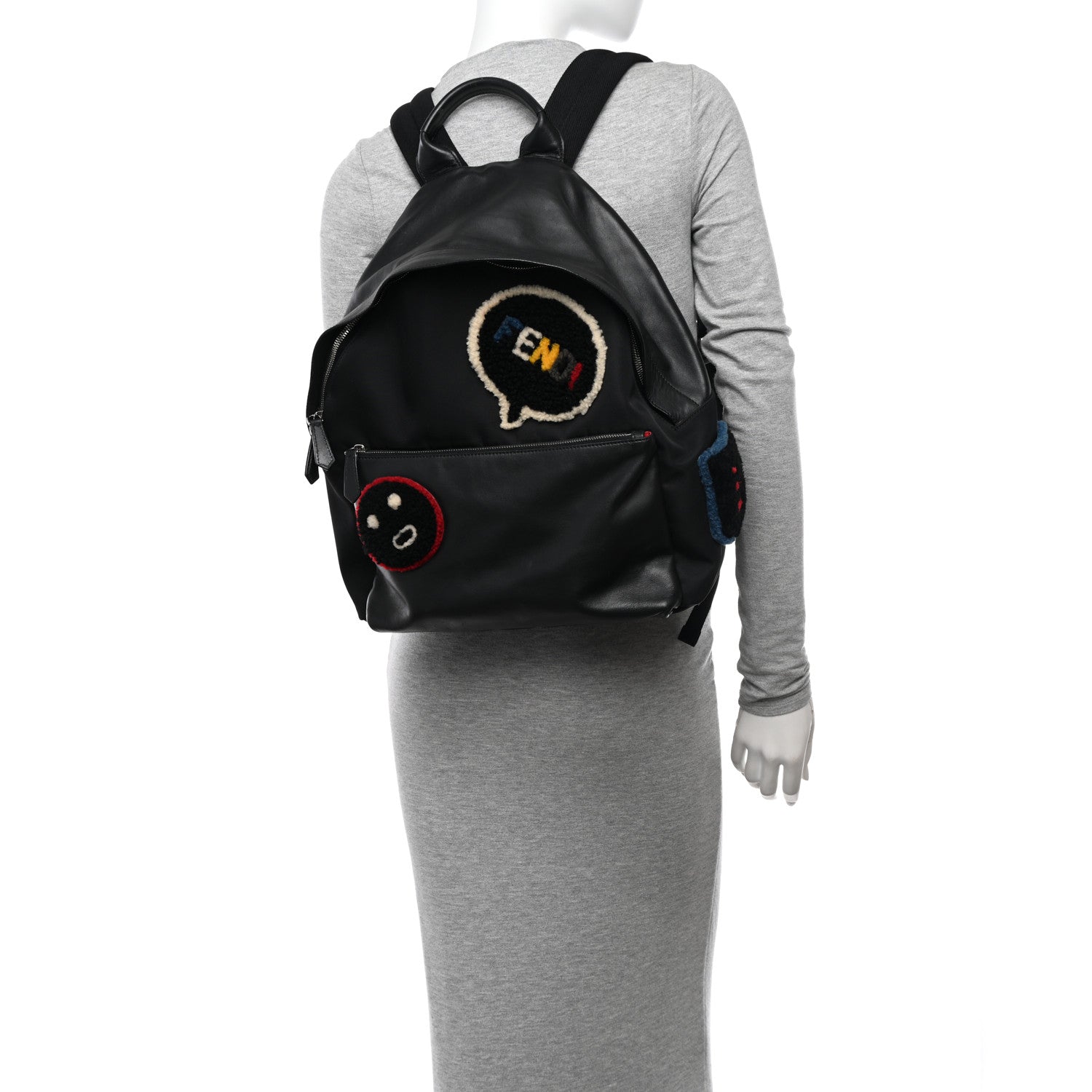 Fendi Nylon Calfskin Shearling Emoticon Backpack Black 3 of 11