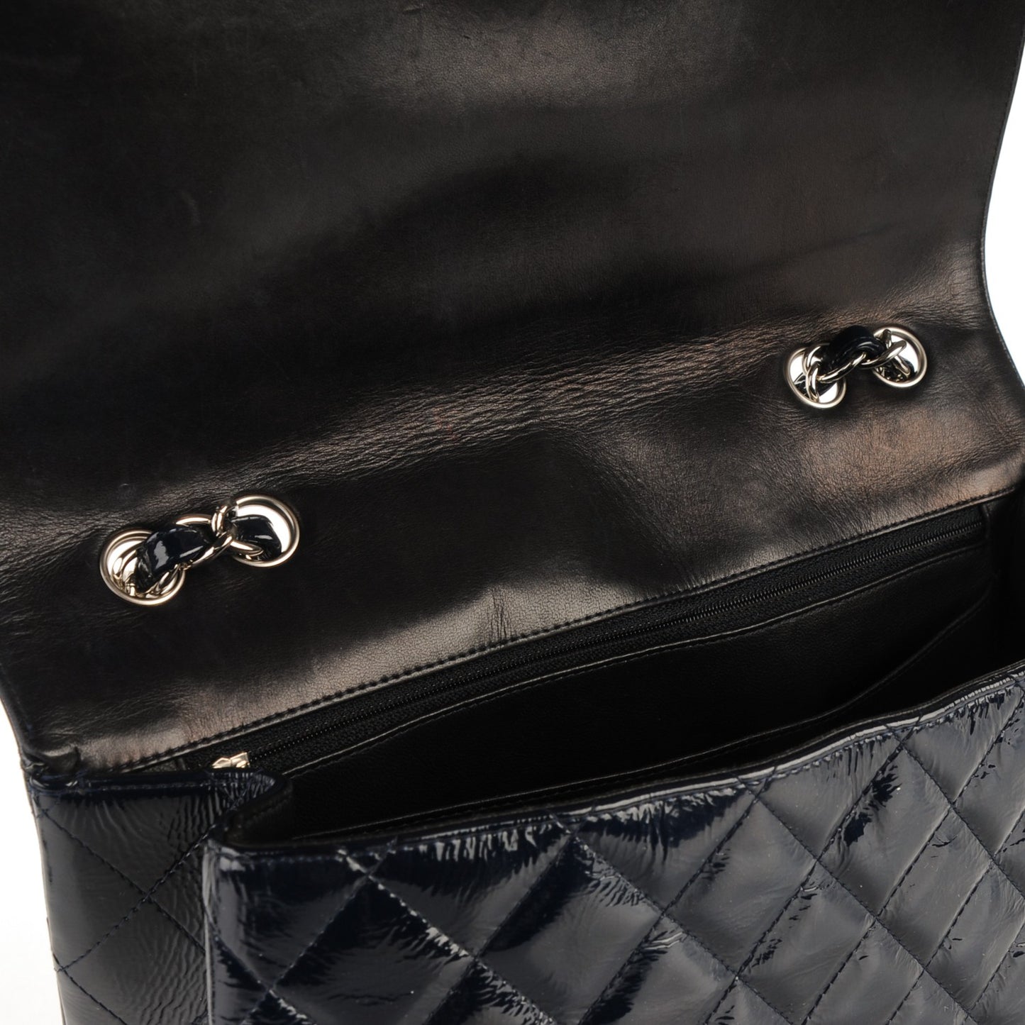Distressed Patent Quilted Jumbo Single Flap Navy