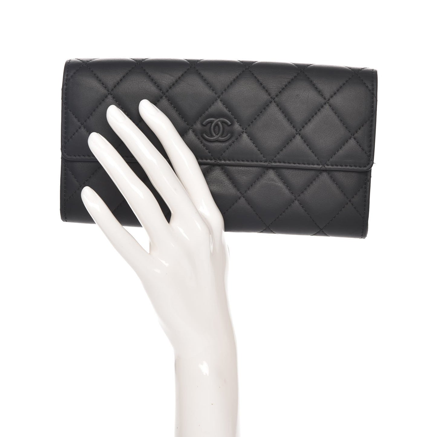 Lambskin Quilted Long Gusset Flap Wallet Black