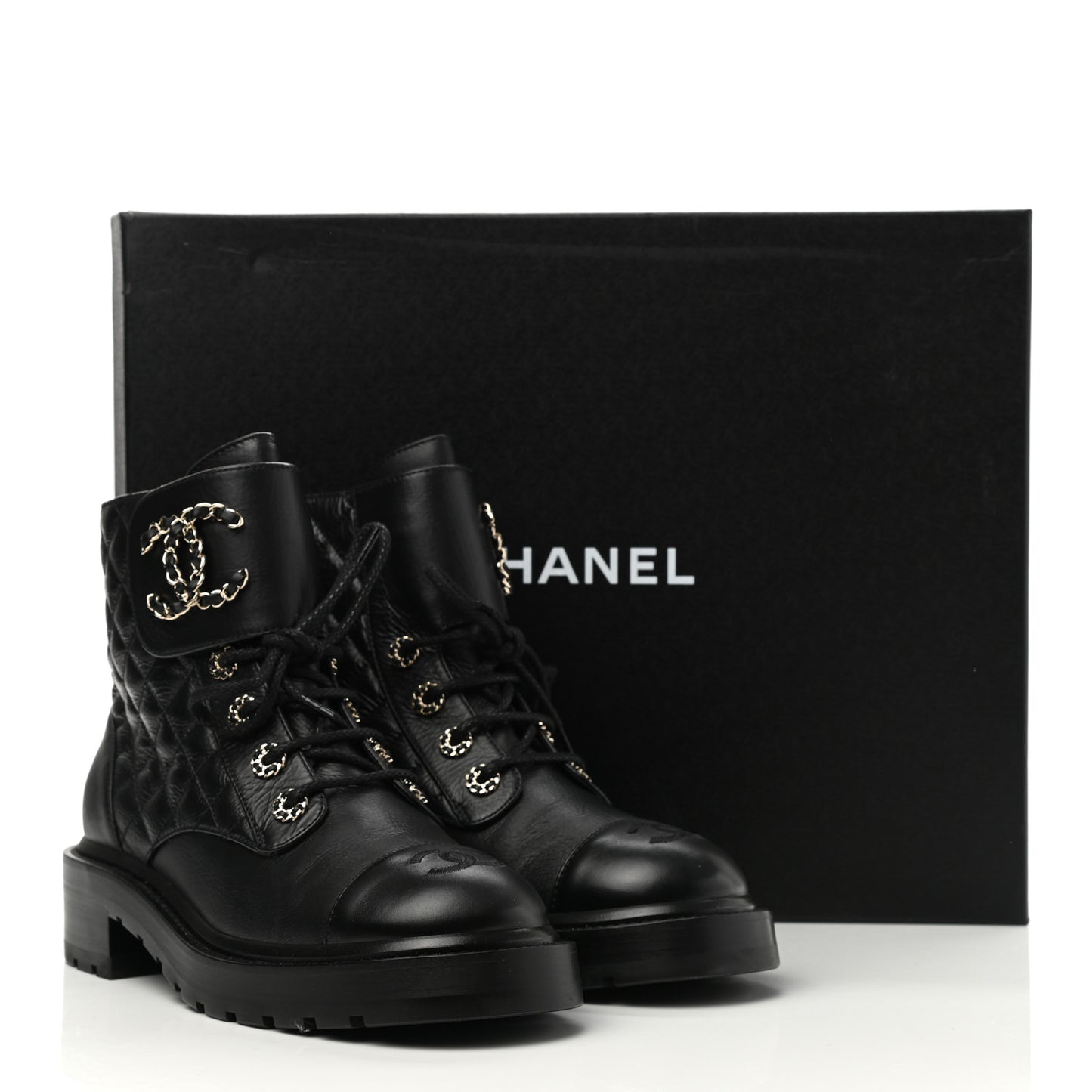 Shiny Lambskin Quilted Lace Up Combat Boots 38.5 Black