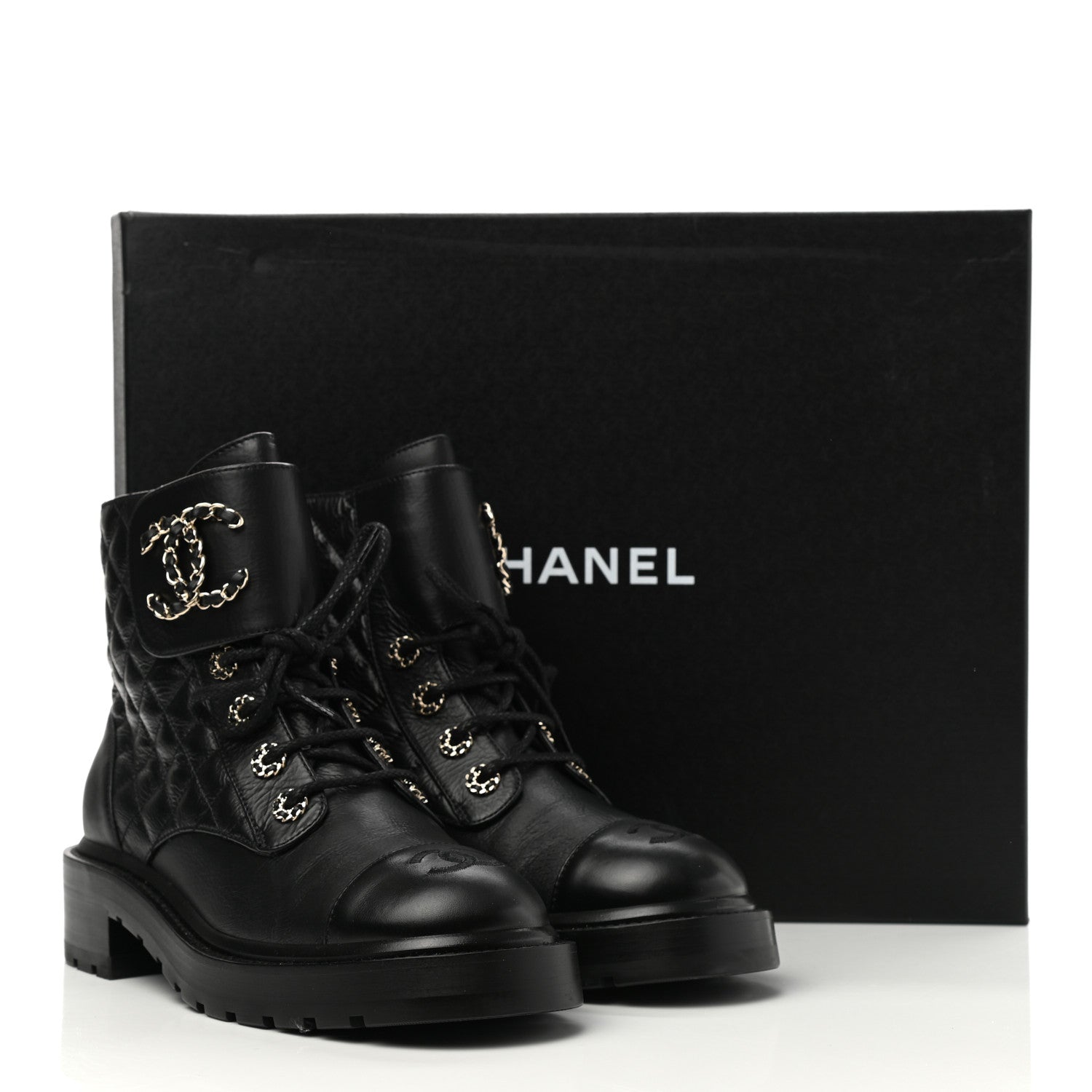 Chanel Shiny Lambskin Quilted Lace Up Combat Boots 38.5 Black 10 of 10