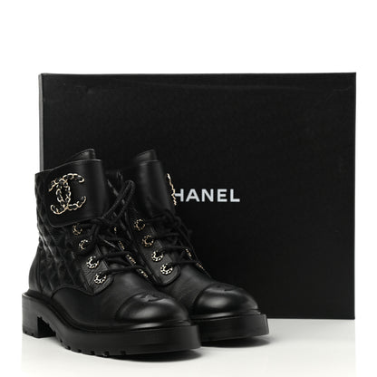 Chanel Shiny Lambskin Quilted Lace Up Combat Boots 38.5 Black 10 of 10
