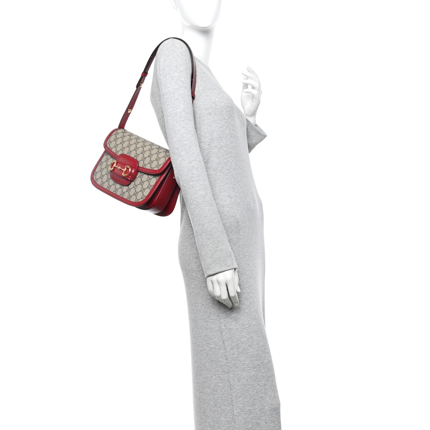 Gucci GG Supreme Monogram Azalea Calfskin Horsebit 1955 Shoulder Bag Beige Ebony New Cherry Red 2 of 10