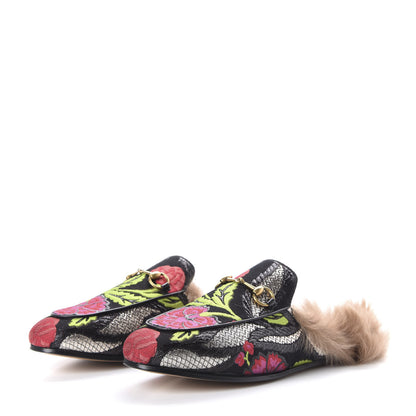 Gucci Brocade Fur Floral Womens Princetown Slippers 39.5 Black Anthracite 3 of 9