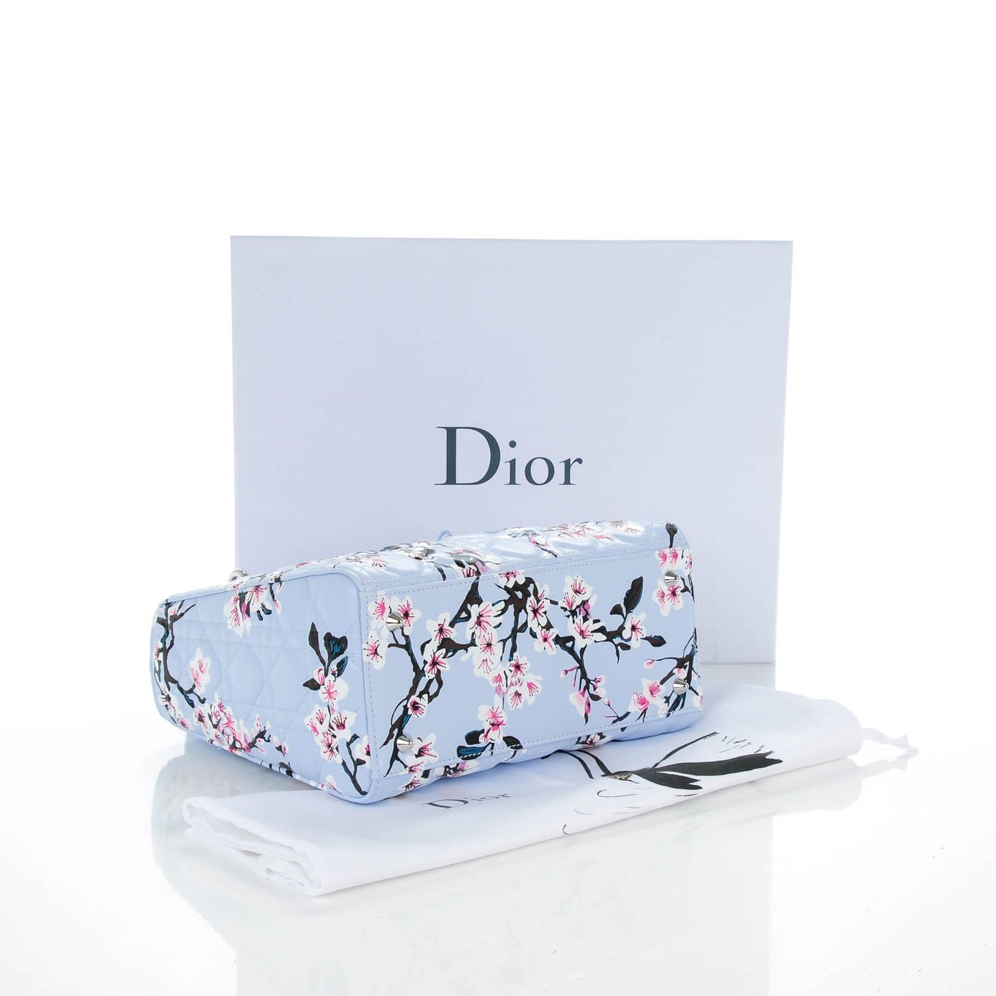 Lambskin Cannage Floral Printed Medium Lady Dior Light Blue