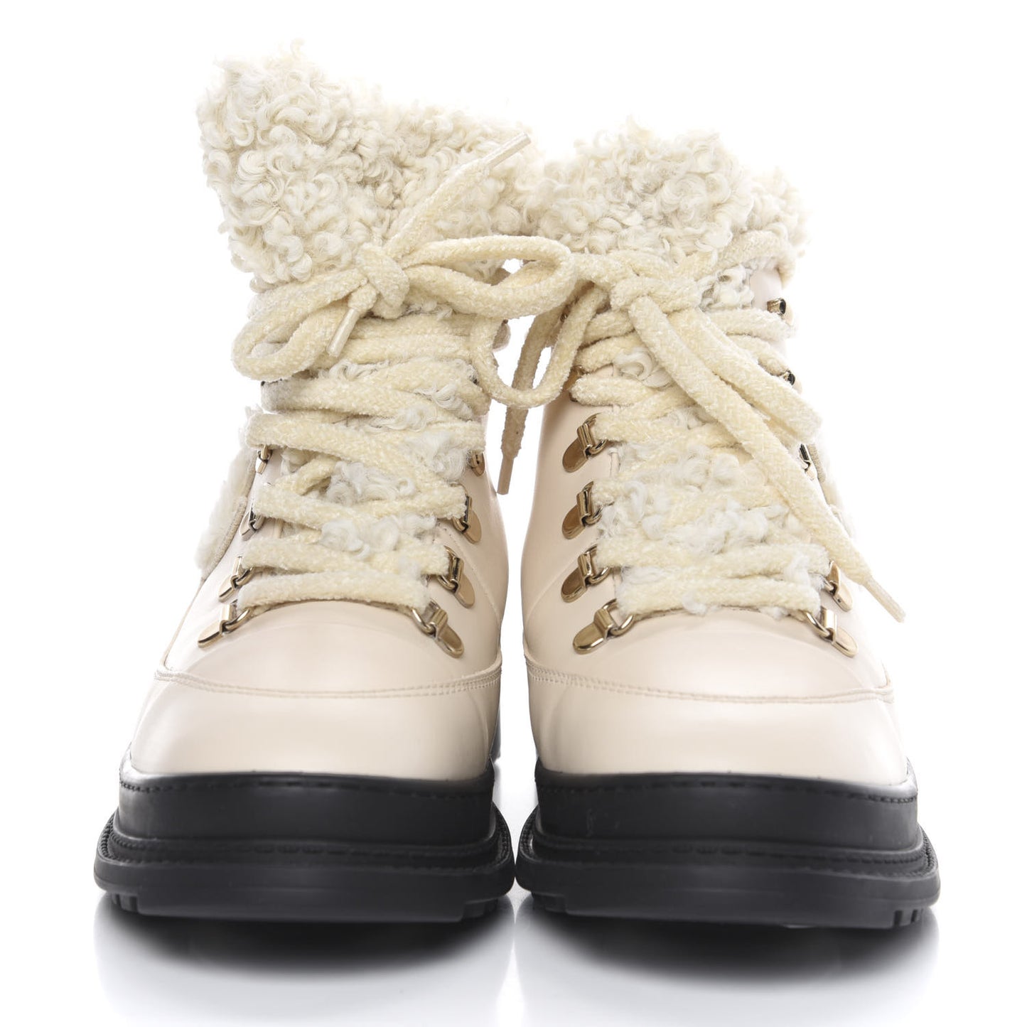 Calfskin Shearling CC Lace Up Boots 37 Light Beige Ivory