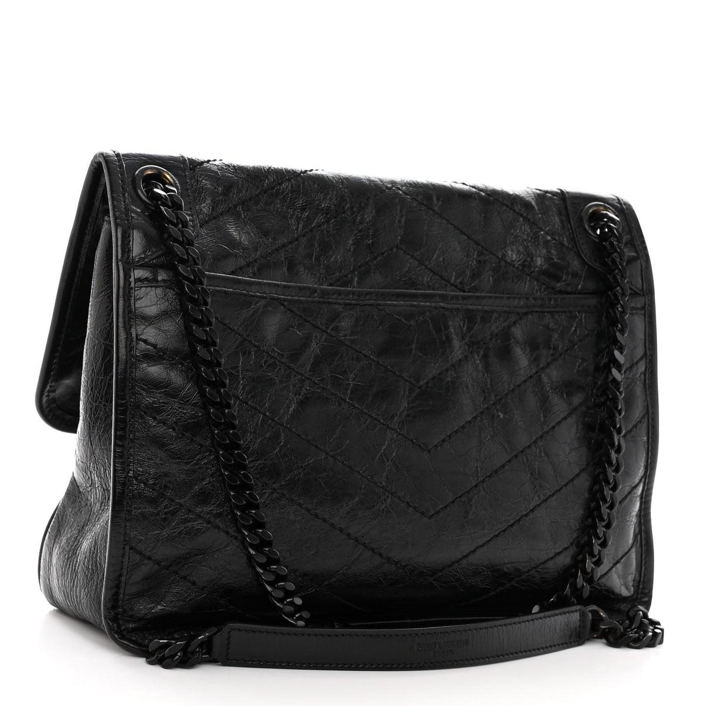 Crinkled Calfskin Matelasse Monogram Medium Niki Chain Satchel Black