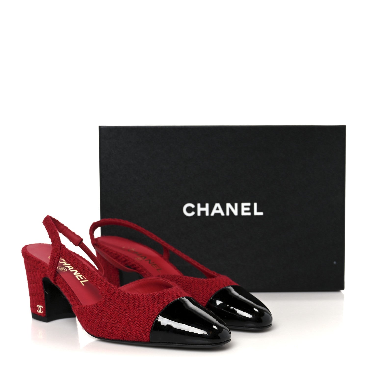 Chanel Tweed Patent Cap Toe CC Slingback Pumps 38.5 Red Black 10 of 10