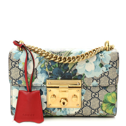 Gucci GG Supreme Monogram Blooms Small Padlock Shoulder Bag Beige Blue Navy Hibiscus Red 1 of 12