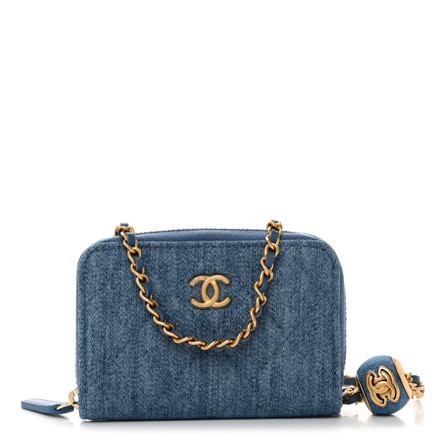 Denim Quilted CC Pearl Crush Zip Card Holder On Chain Blue
