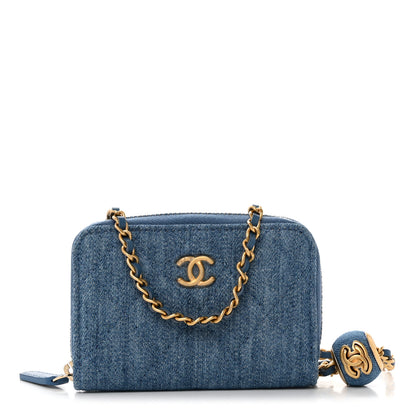 Chanel Denim Quilted CC Pearl Crush Zip Card Holder On Chain Blue 1 of 10