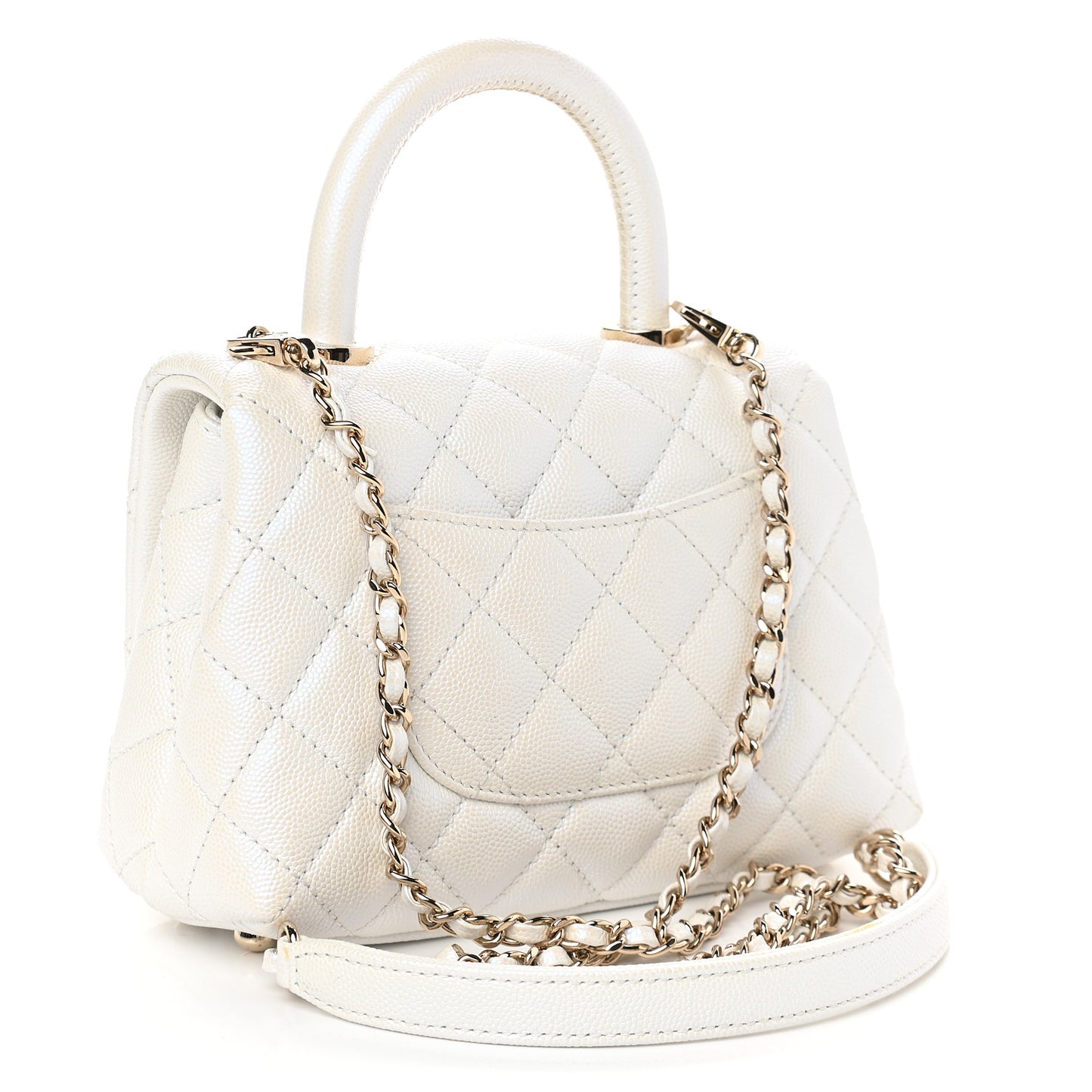 Iridescent Caviar Quilted Extra Mini Coco Handle Flap White