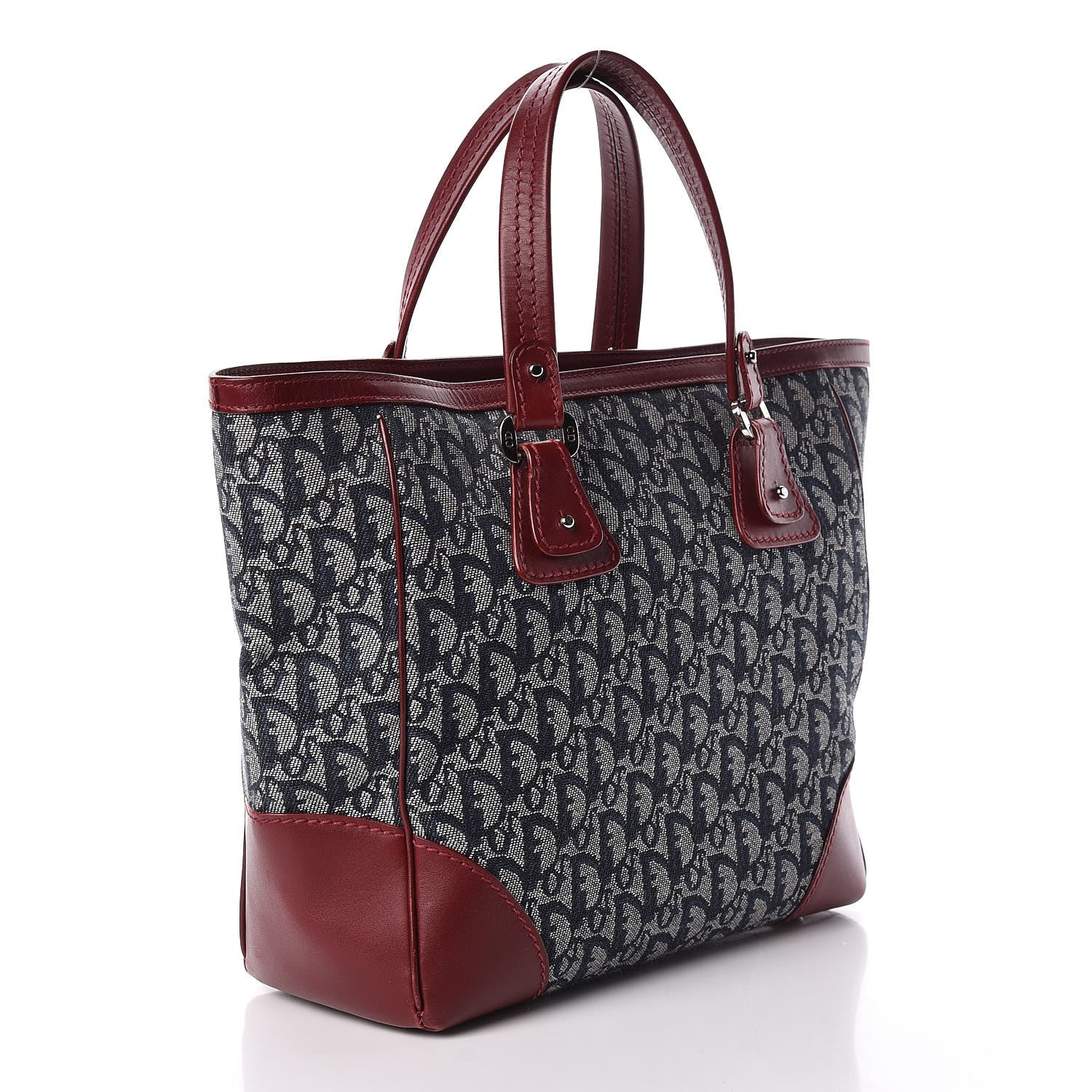 Christian Dior Denim Calfskin Monogram Tote Navy Blue Red 3 of 12
