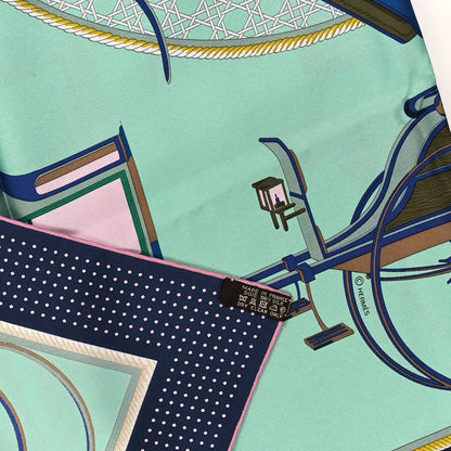 Hermes Silk Les Voitures A Transformation Scarf 90 Vert Jade Marine Rose 3 of 3