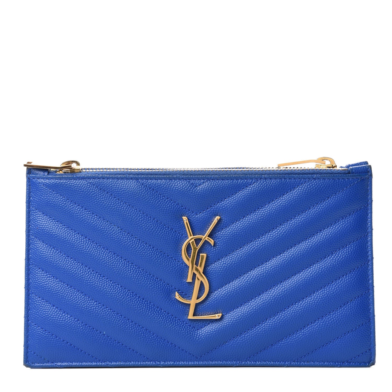 Saint Laurent Grain De Poudre Matelasse Chevron Monogram Double Zip Wallet Blue Majorelle 1 of 6