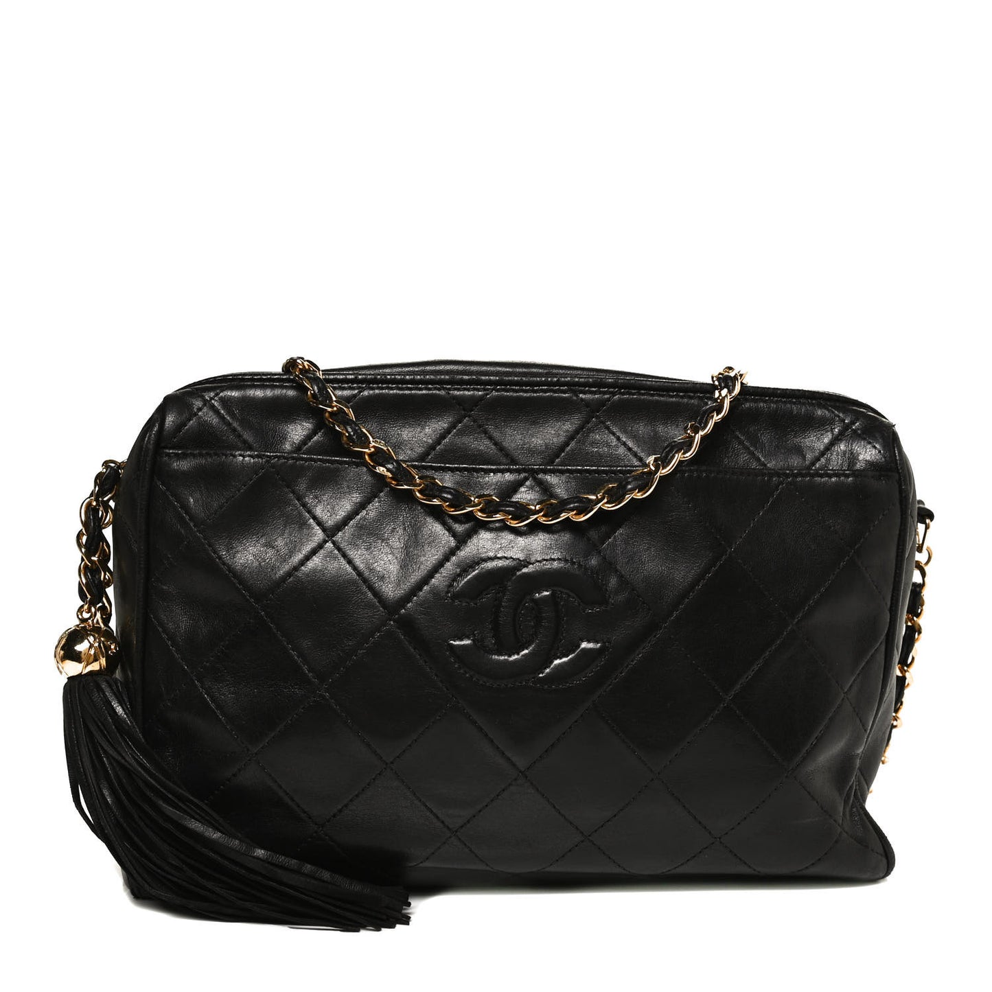 Lambskin Quilted Tassel Camera Case Black