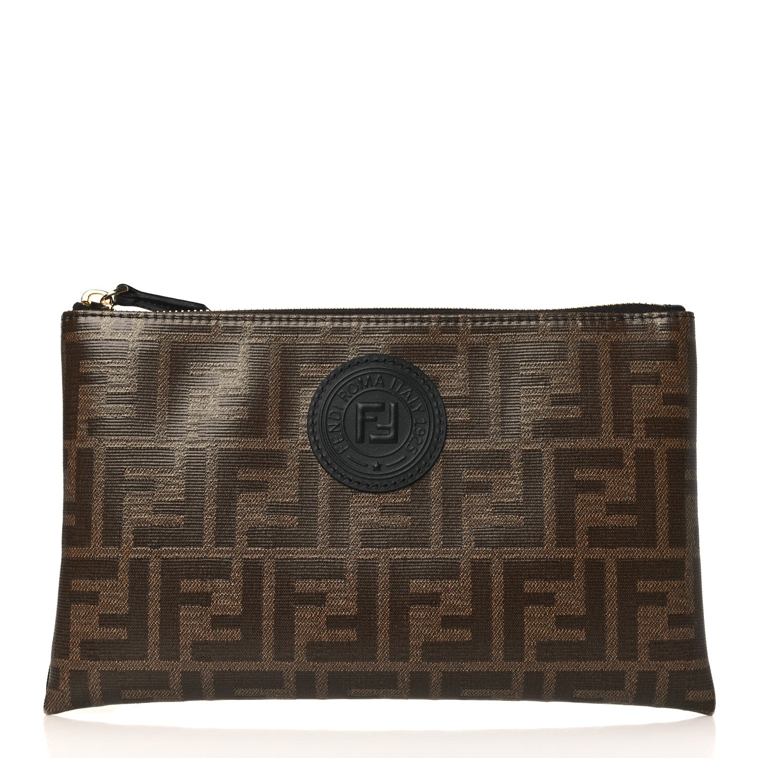 Fendi Glazed Fabric Vitello Century FF 1974 Stamp Patch Small FFreedom Flat Pouch Mogano Panna Black 1 of 8