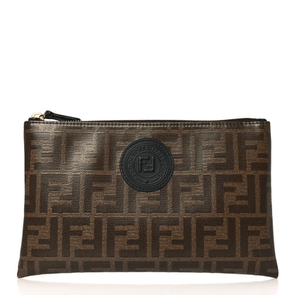 Fendi Glazed Fabric Vitello Century FF 1974 Stamp Patch Small FFreedom Flat Pouch Mogano Panna Black 1 of 8