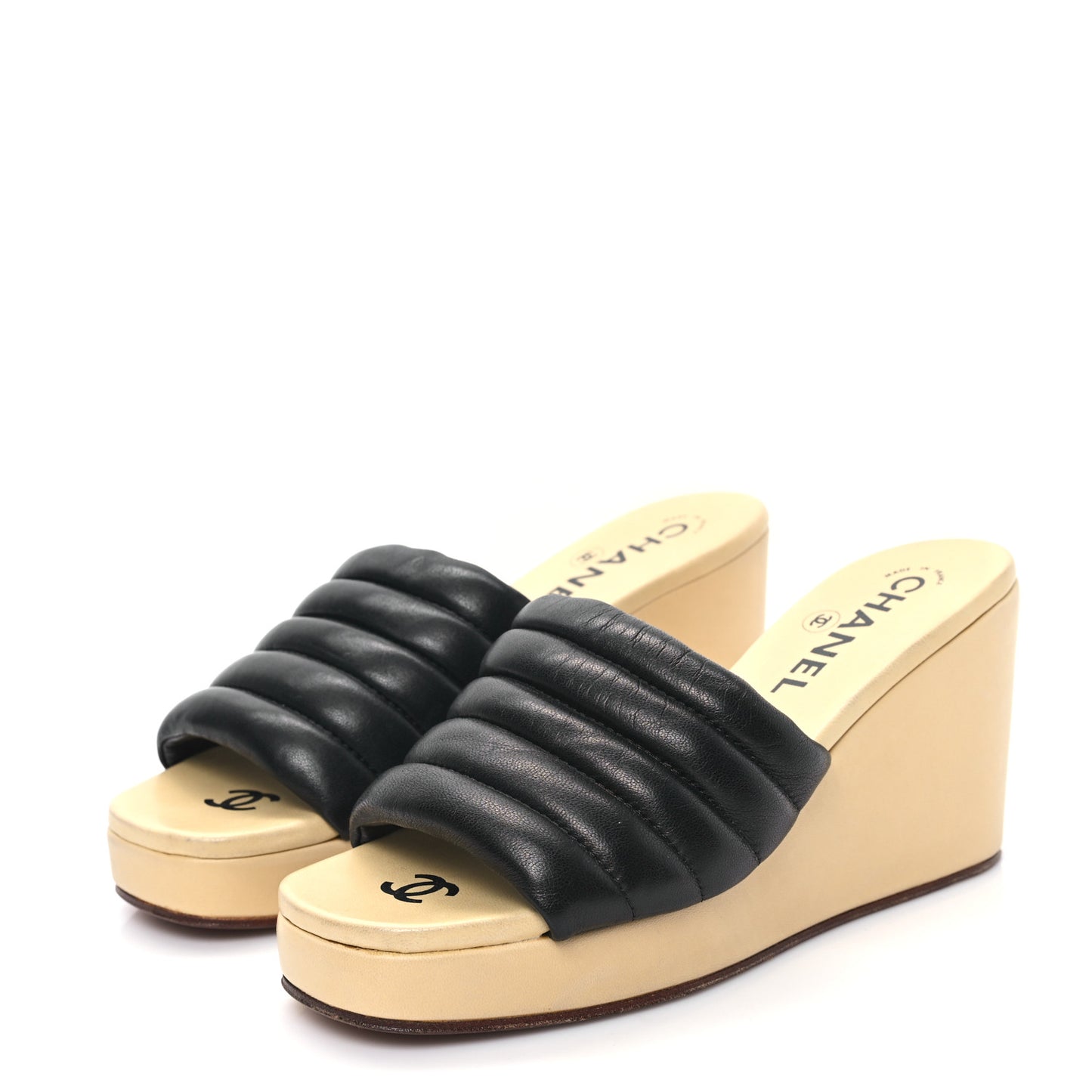 Lambskin Horizontal Quilted Wedge Sandals 39 Black