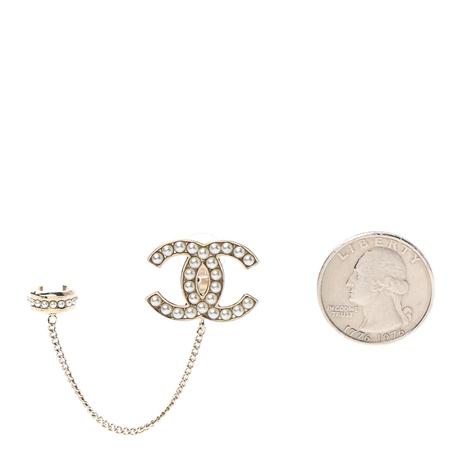 Chanel Crystal CC Chain Cuff Single Clip On Earring Gold Pearly White 2 of 4