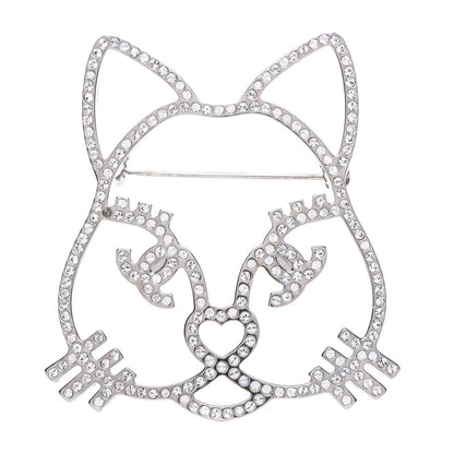 Chanel Strass Crystal Emoji Choupette Cat Brooch Silver 1 of 5