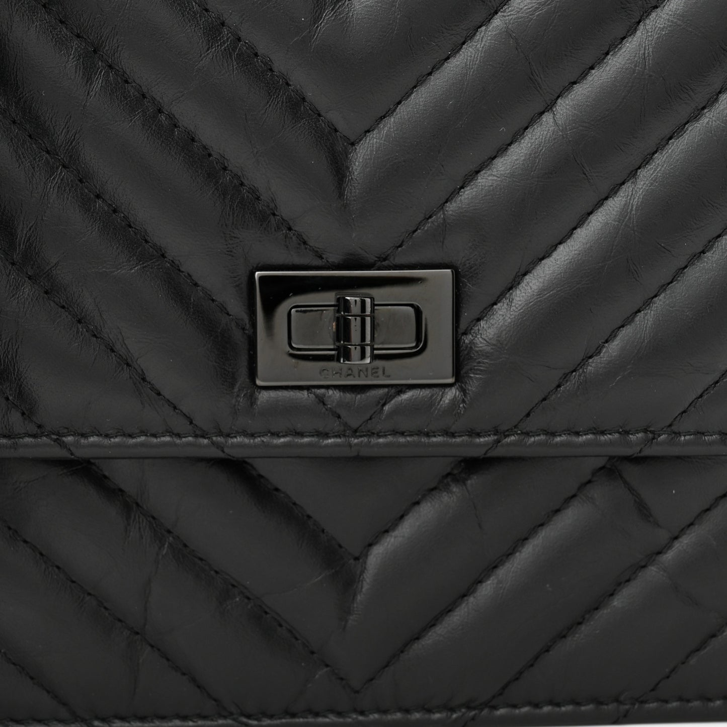 Aged Calfskin Chevron Quilted Reissue 2.55 Square Wallet On Chain WOC So Black