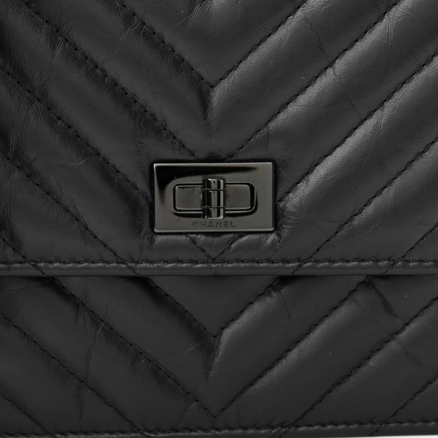 Chanel Aged Calfskin Chevron Quilted Reissue 2.55 Square Wallet On Chain WOC So Black 9 of 12
