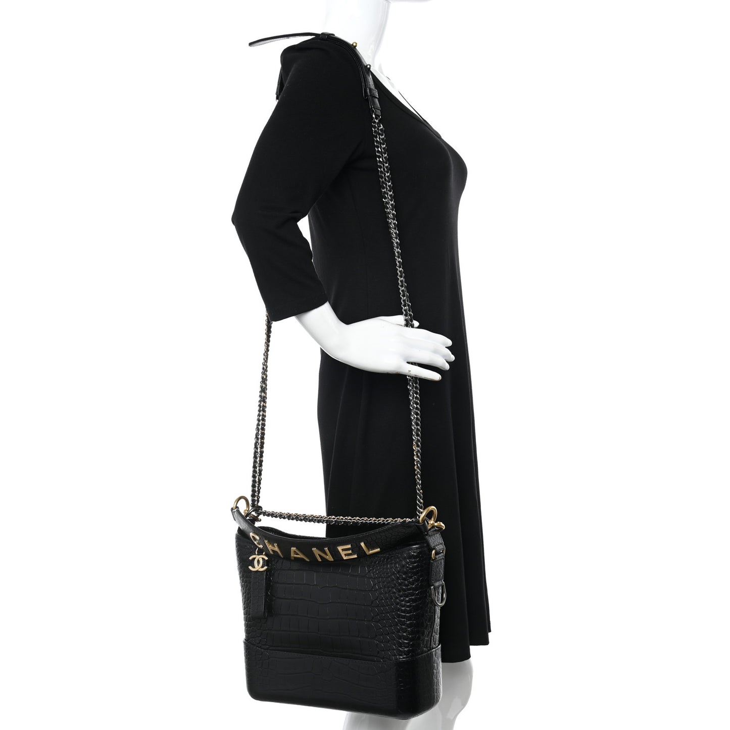 Crocodile Embossed Calfskin Medium Gabrielle Cocodile Hobo Black