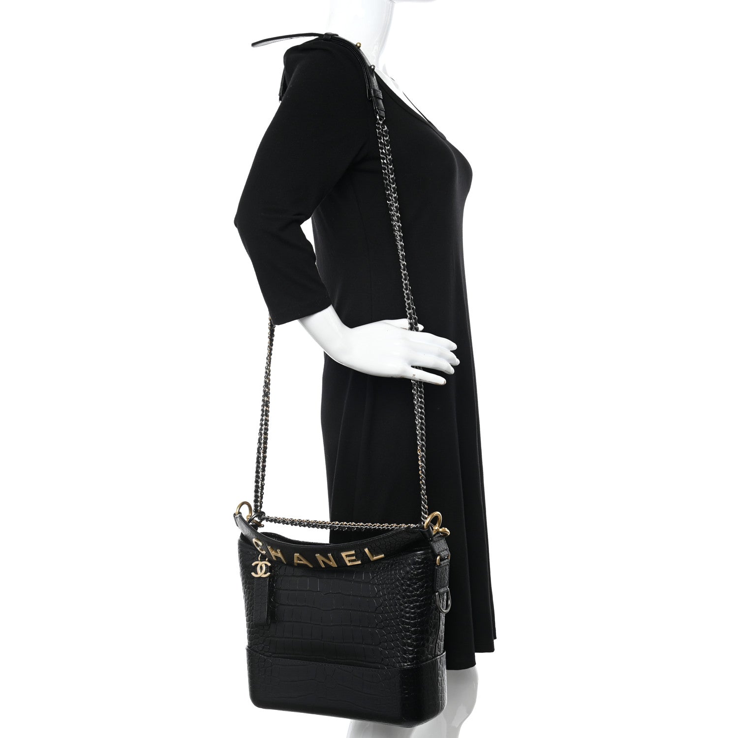 Chanel Crocodile Embossed Calfskin Medium Gabrielle Cocodile Hobo Black 2 of 14