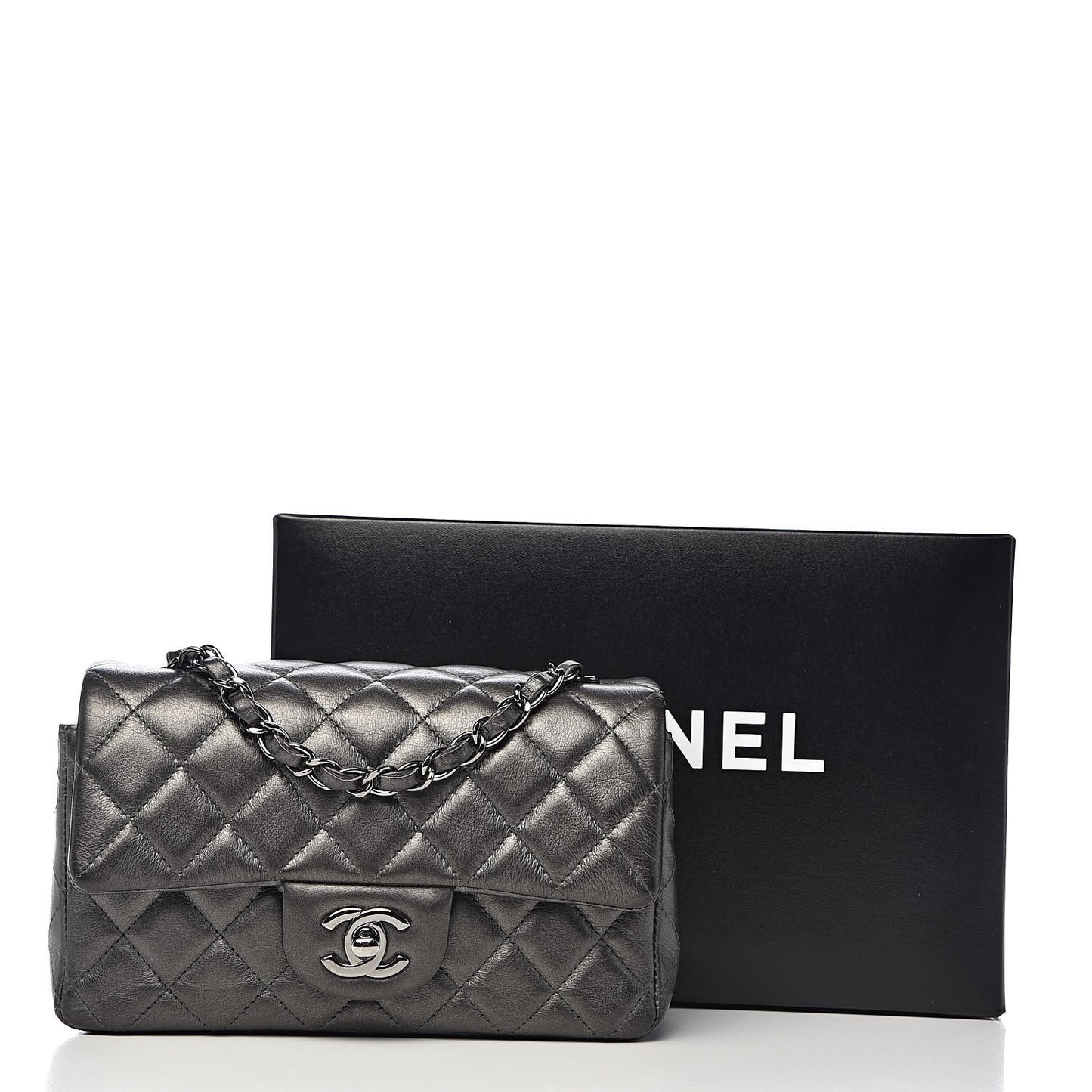 Metallic Calfskin Quilted Mini Rectangular Flap Charcoal Grey