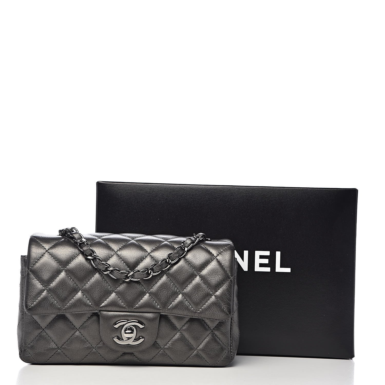 Chanel Metallic Calfskin Quilted Mini Rectangular Flap Charcoal Grey 13 of 13