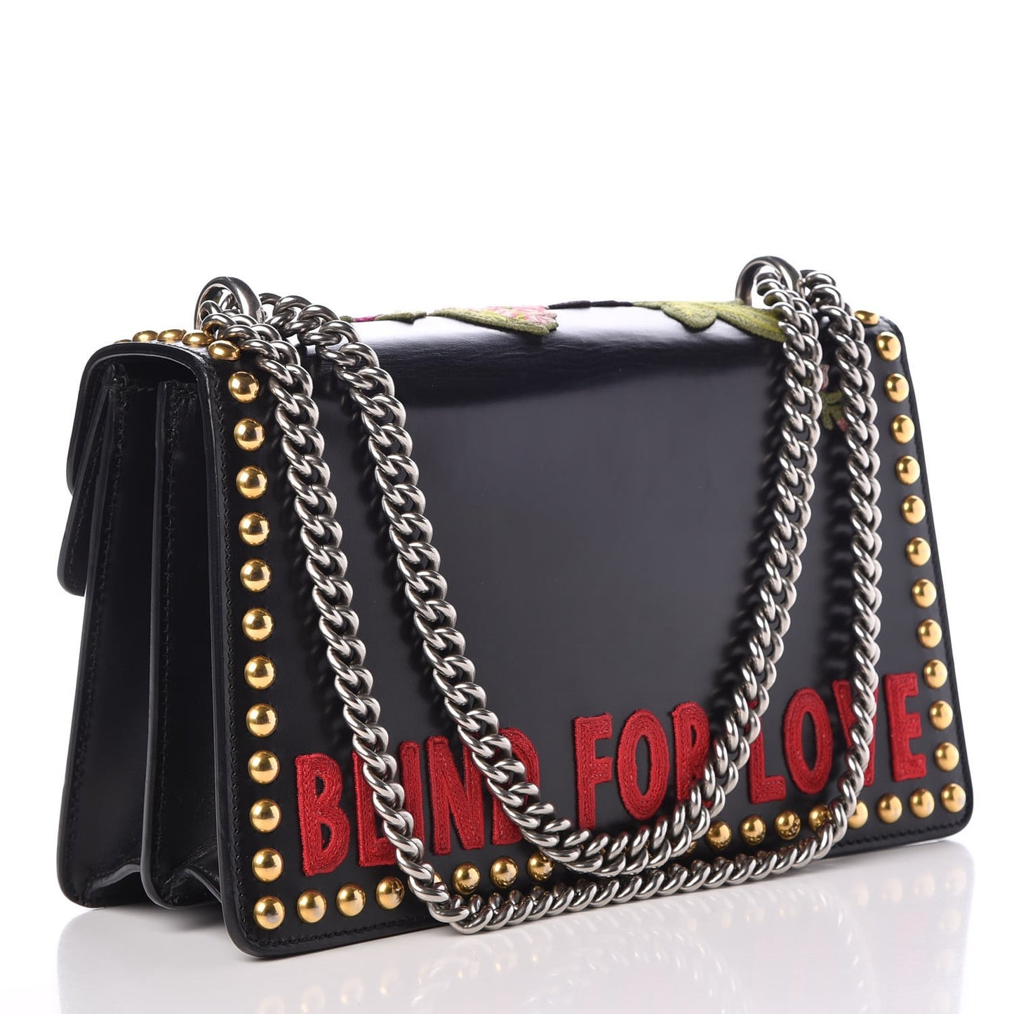 Calfskin Floral Embroidered Studded Small Dionysus Shoulder Bag Black