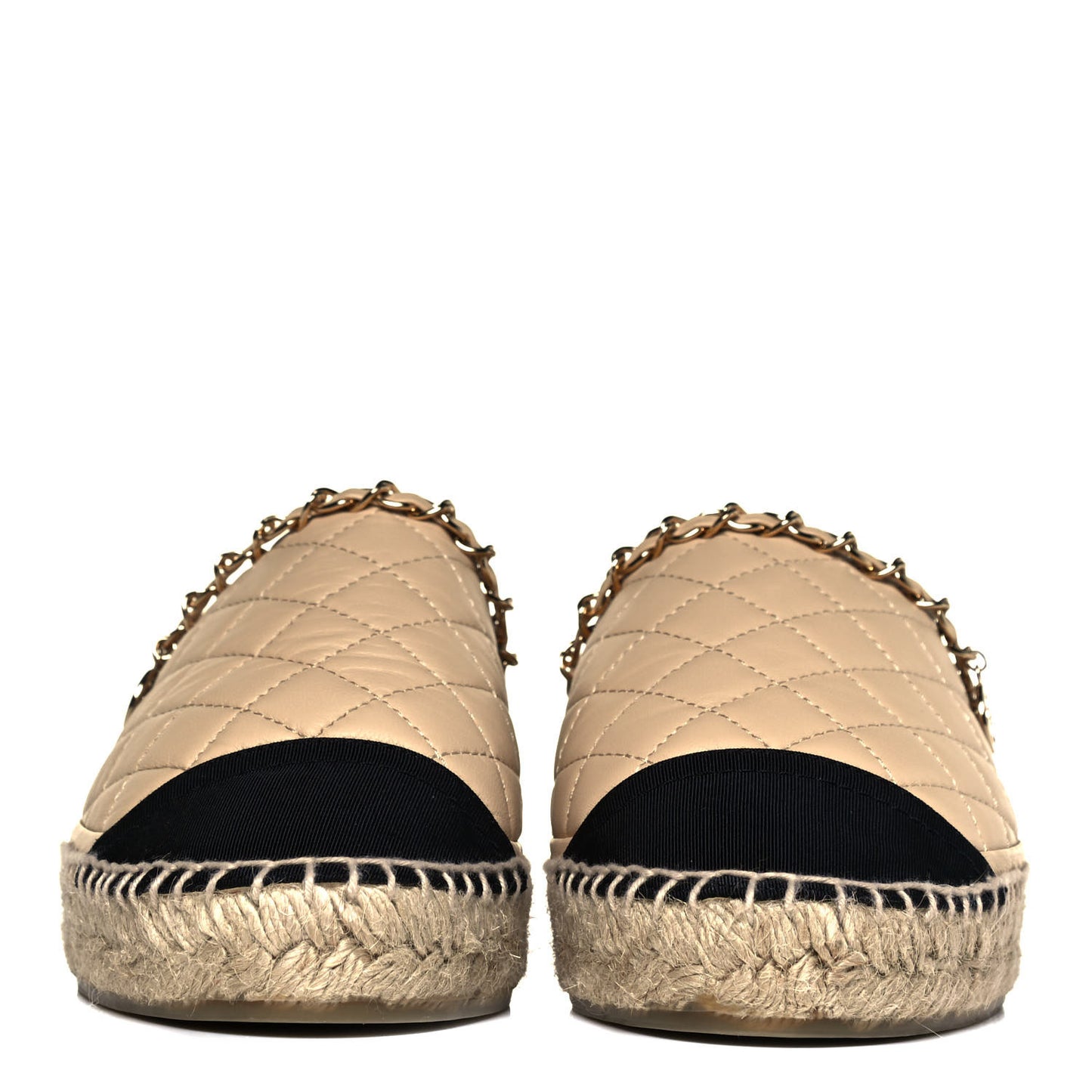 Lambskin Grosgrain Quilted CC Chain Espadrille Mules 39 Beige Black