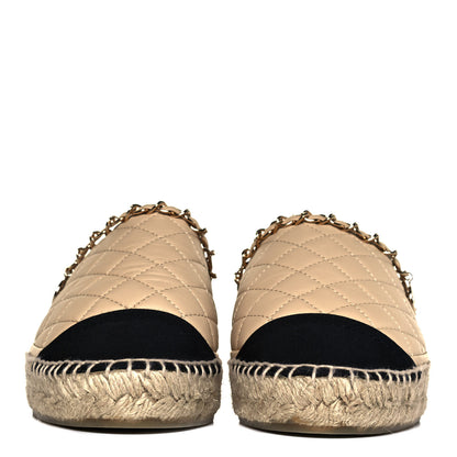 Chanel Lambskin Grosgrain Quilted CC Chain Espadrille Mules 39 Beige Black 2 of 9