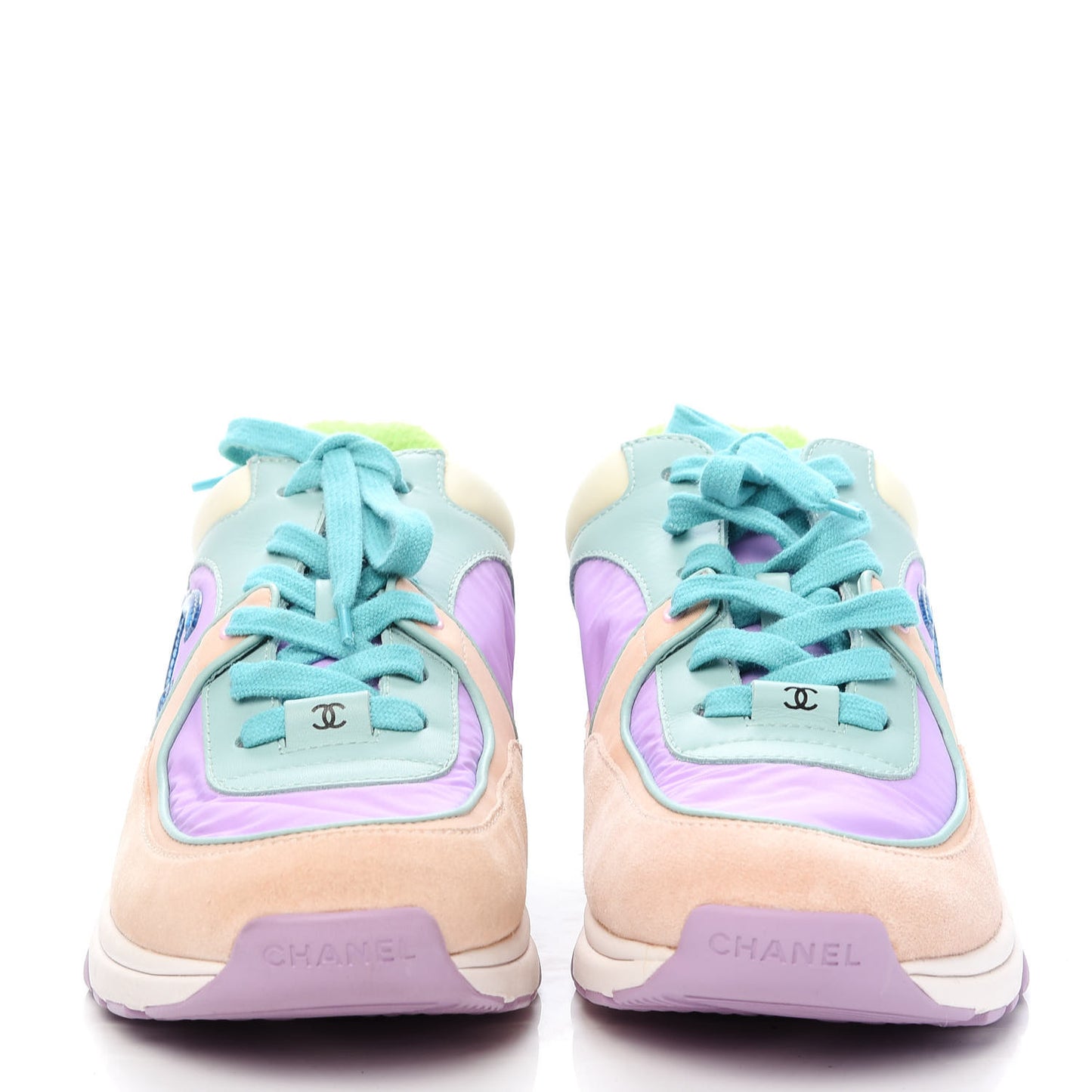 Nylon Lambskin Suede Calfskin CC Sneakers 39.5 Green Purple Pink