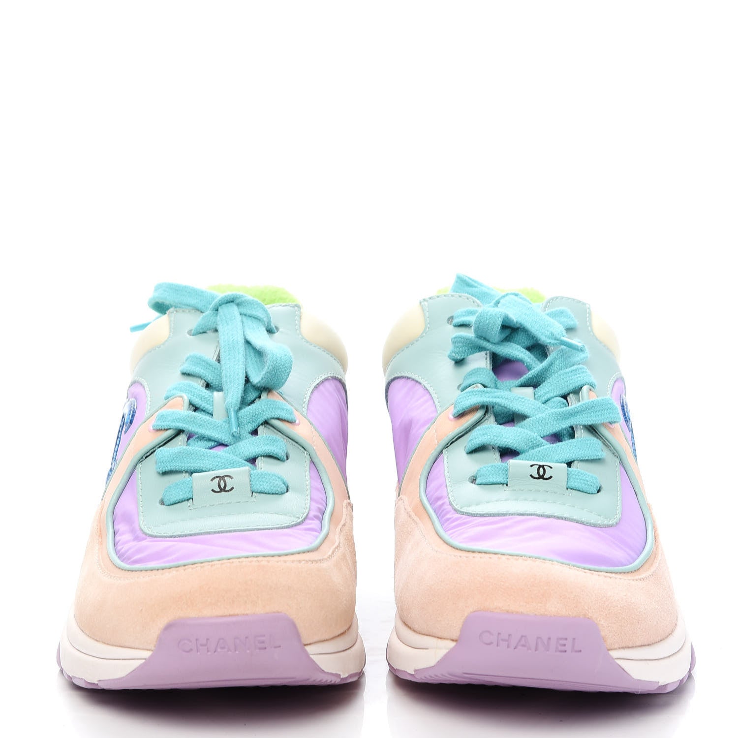 Chanel Nylon Lambskin Suede Calfskin CC Sneakers 39.5 Green Purple Pink 2 of 8