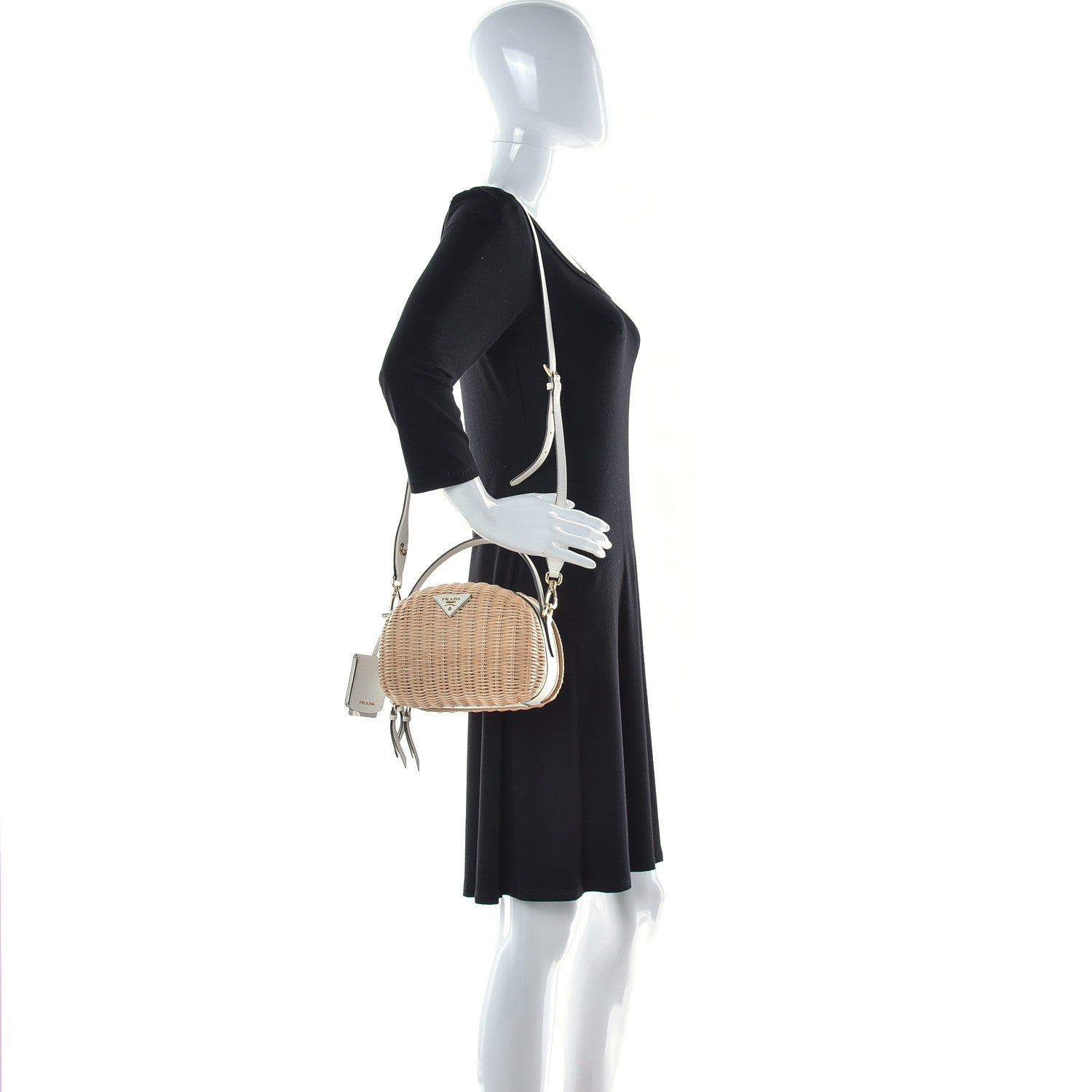 Prada Wicker Saffiano Midolino Odette Top Handle Bag Tan White 3 of 10
