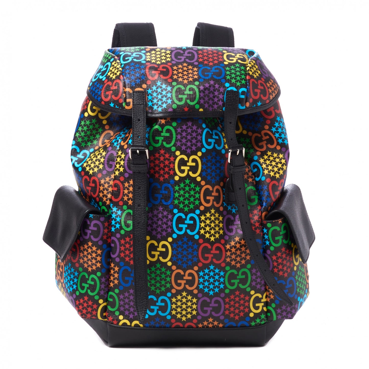 GG Supreme Monogram Psychedelic Medium Double Buckle Backpack Black Multicolor