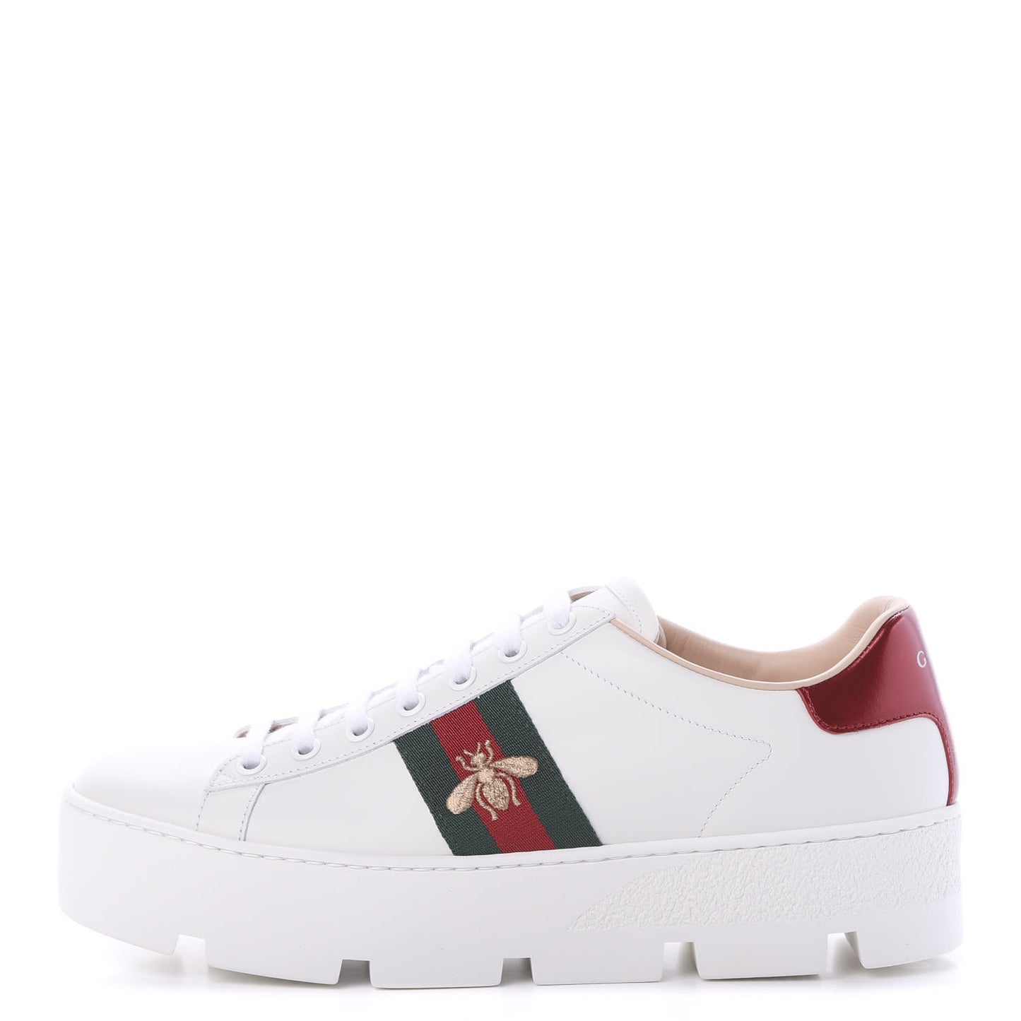 Calfskin Web Bee Embroidered Womens Ace Platform Sneakers 38.5 White