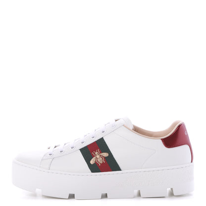 Gucci Calfskin Web Bee Embroidered Womens Ace Platform Sneakers 38.5 White 1 of 8