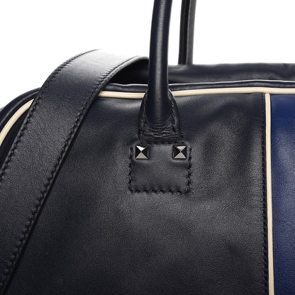 Valentino Garavani Mens Calfskin Rockstud Striped Holdall Duffle Navy 10 of 13