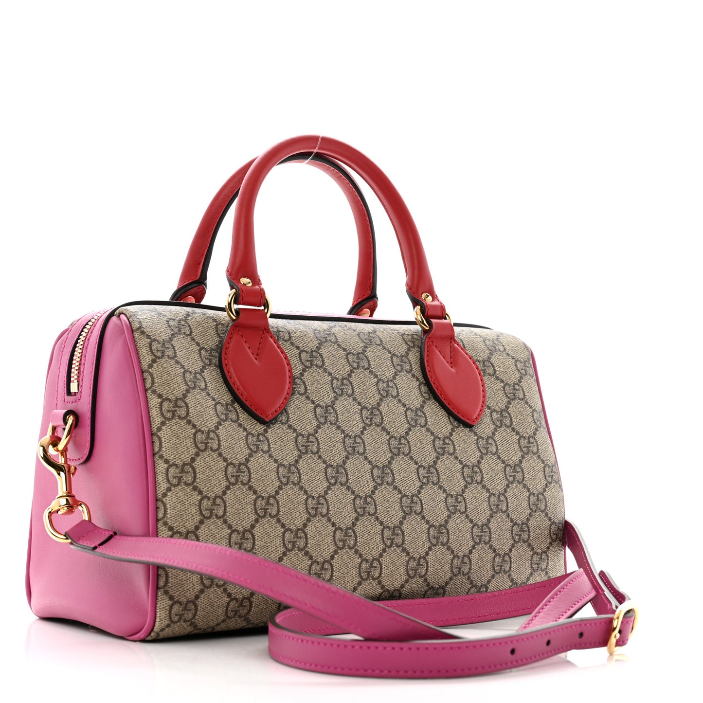GG Supreme Monogram Moon Calfskin Small Boston Beige Ebony Hibiscus Red New Rosette