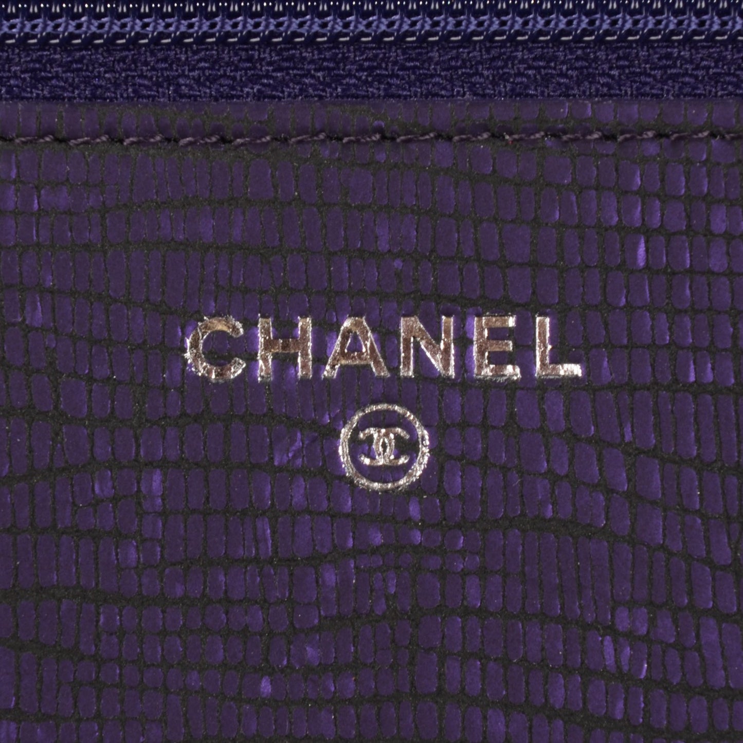 Iridescent Stamped Calfskin Timeless Wallet on Chain WOC Purple