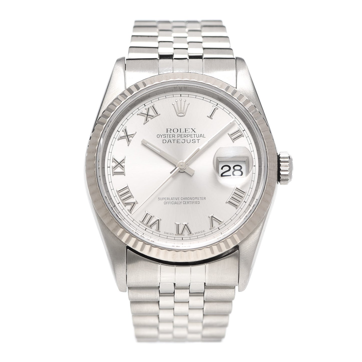 Stainless Steel 18K White Gold 36mm Oyster Perpetual Datejust Watch Silver Roman 16234