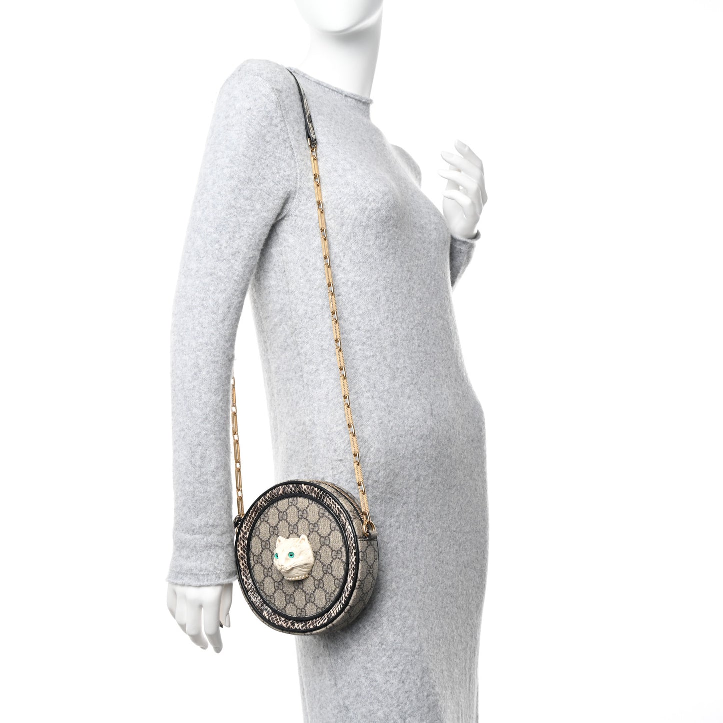 GG Supreme Monogram Patchwork Cat Round Shoulder Bag White Beige