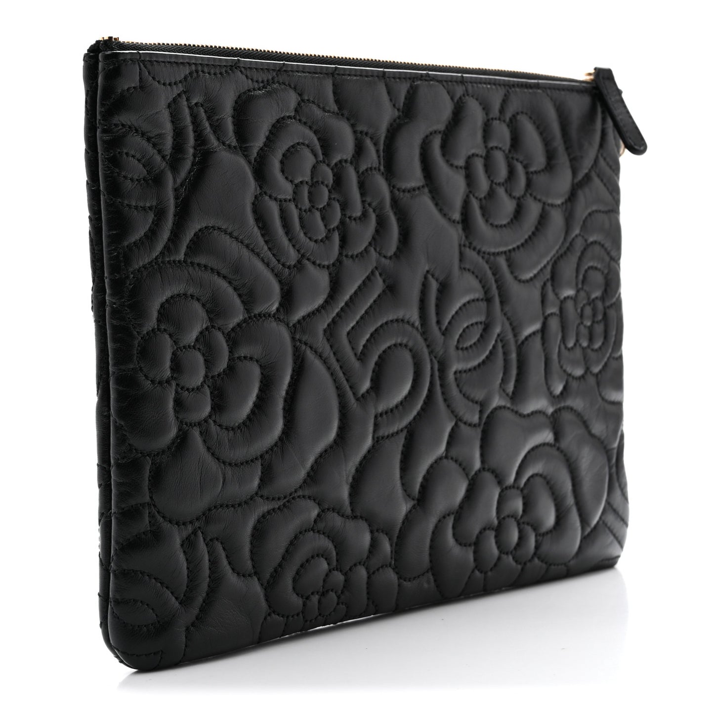 Calfskin Camellia Embossed Quilted Medium Cosmetic Case Black